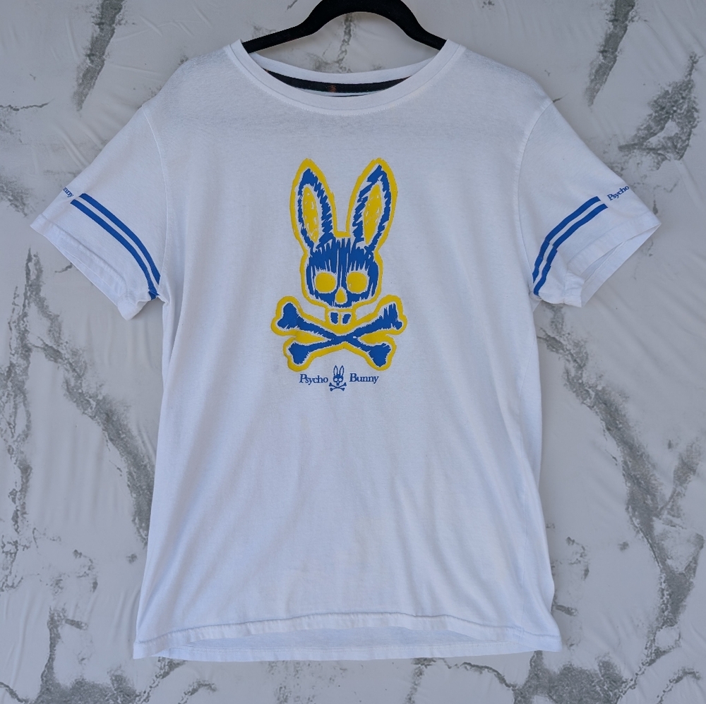 Psycho Bunny Blue Yellow White Graphic T Shirt Womens XL